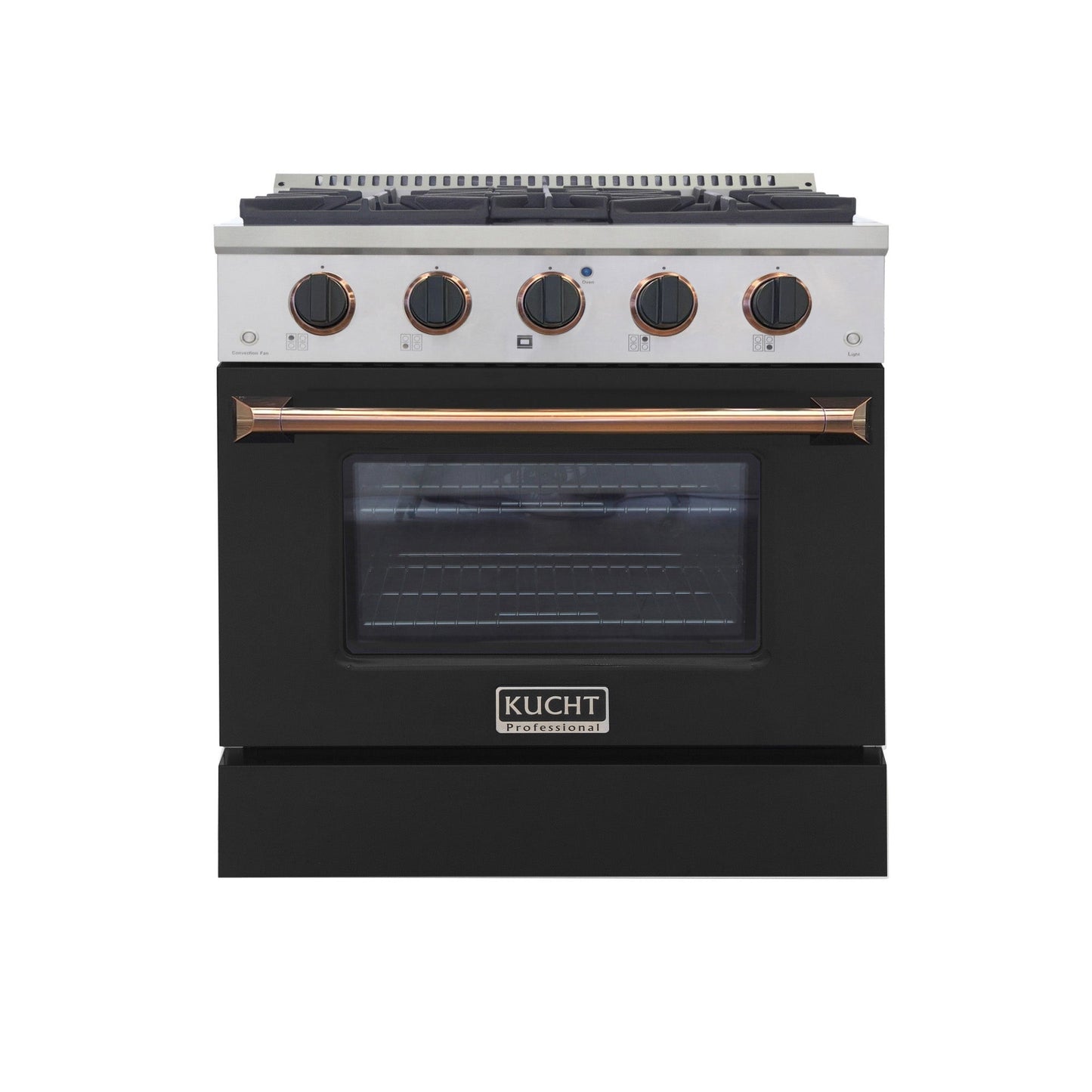KUCHT Professional 30 in. 4.2 cu. ft. Dual Fuel Range for Natural Gas with Sealed Burners and Convection Oven in Stainless Steel with Black Oven Door Black Knobs and Gold Ring Knobs