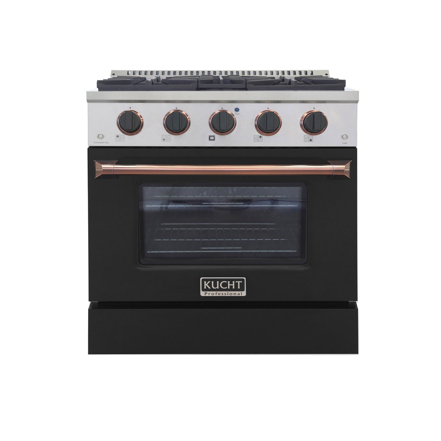 KUCHT Professional 30 in. 4.2 cu. ft. Dual Fuel Range for Natural Gas with Sealed Burners and Convection Oven in Stainless Steel with Black Oven Door Black Knobs and Gold Ring Knobs