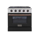 KUCHT Professional 30 in. 4.2 cu. ft. Dual Fuel Range for Natural Gas with Sealed Burners and Convection Oven in Stainless Steel with Black Oven Door Black Knobs and Gold Ring Knobs
