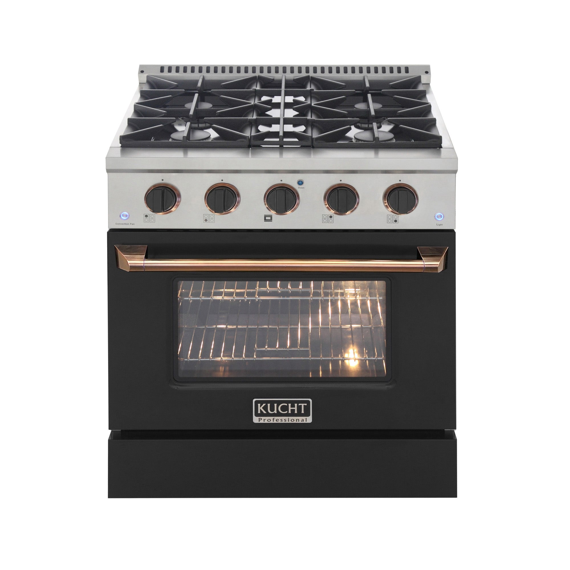 KUCHT Professional 30 in. 4.2 cu. ft. Dual Fuel Range for Propane Gas with Sealed Burners and Convection Oven in Stainless Steel with Black Oven Door Black Knobs and Gold Knob Rings