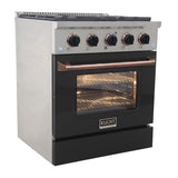 KUCHT Professional 30 in. 4.2 cu. ft. Dual Fuel Range for Natural Gas with Sealed Burners and Convection Oven in Stainless Steel with Black Oven Door Black Knobs and Gold Ring Knobs
