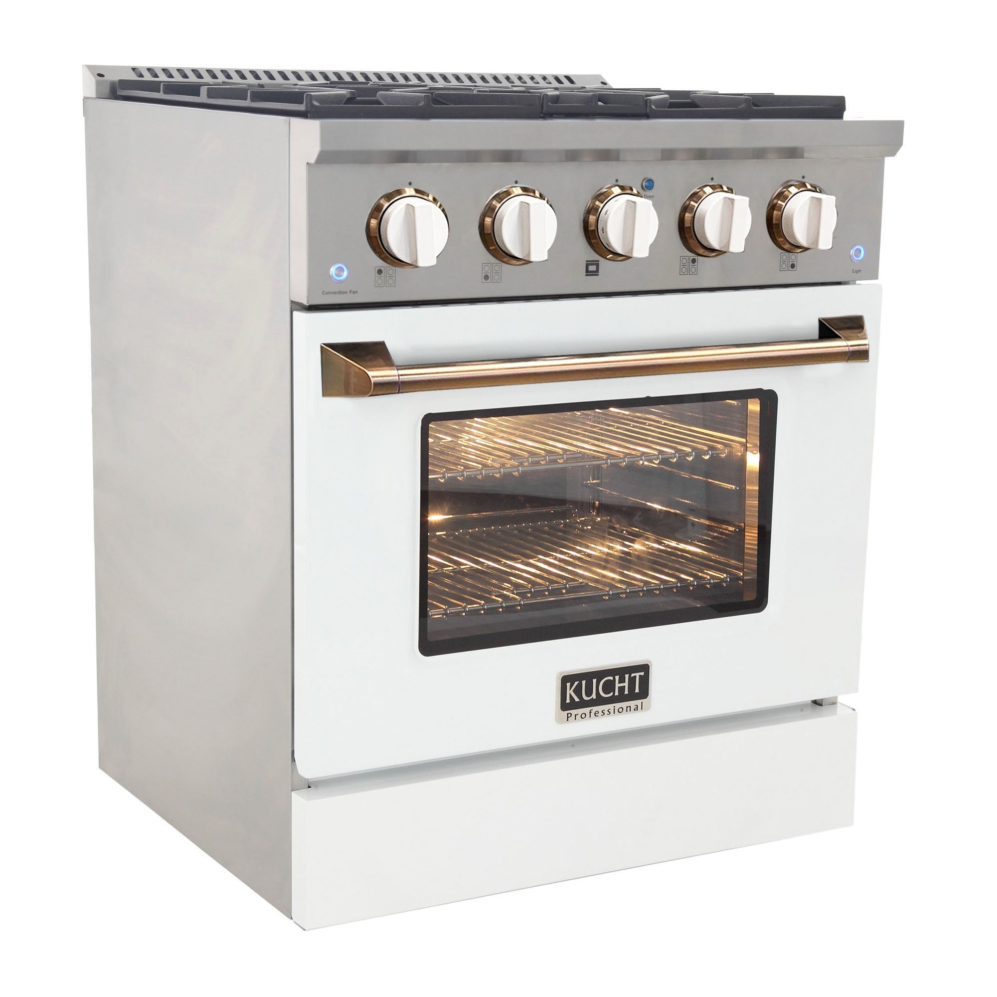 KUCHT Professional 30 in. 4.2 cu. ft. Dual Fuel Range for Propane Gas with Sealed Burners and Convection Oven in Stainless Steel with White Oven Door White Knobs and Gold Knob Rings