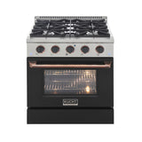 KUCHT Professional 30 in. 4.2 cu. ft. Dual Fuel Range for Propane Gas with Sealed Burners and Convection Oven in Stainless Steel with Black Oven Door Black Knobs and Gold Knob Rings