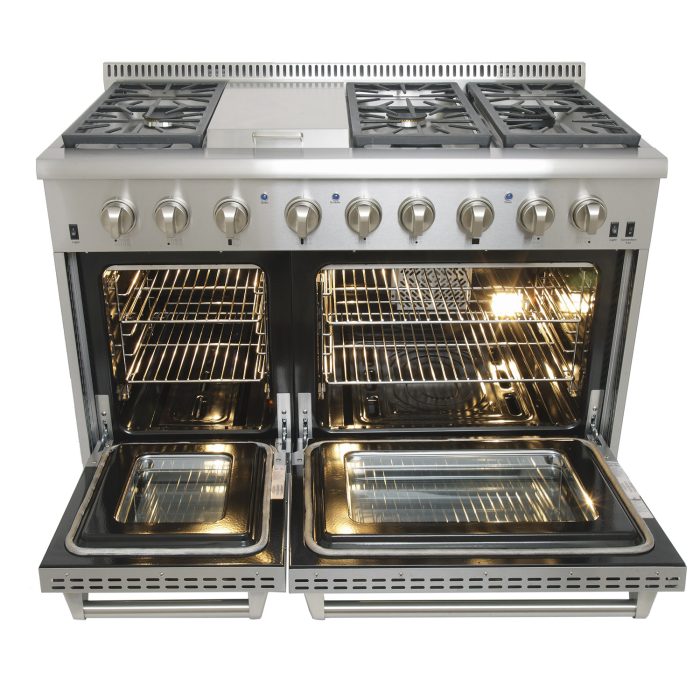 KUCHT Professional 48 in. 6.7 cu. ft. Dual Fuel Range for Natural Gas with Sealed Burners, Griddle and Convection Oven in Stainless Steel with Classic Silver Knobs