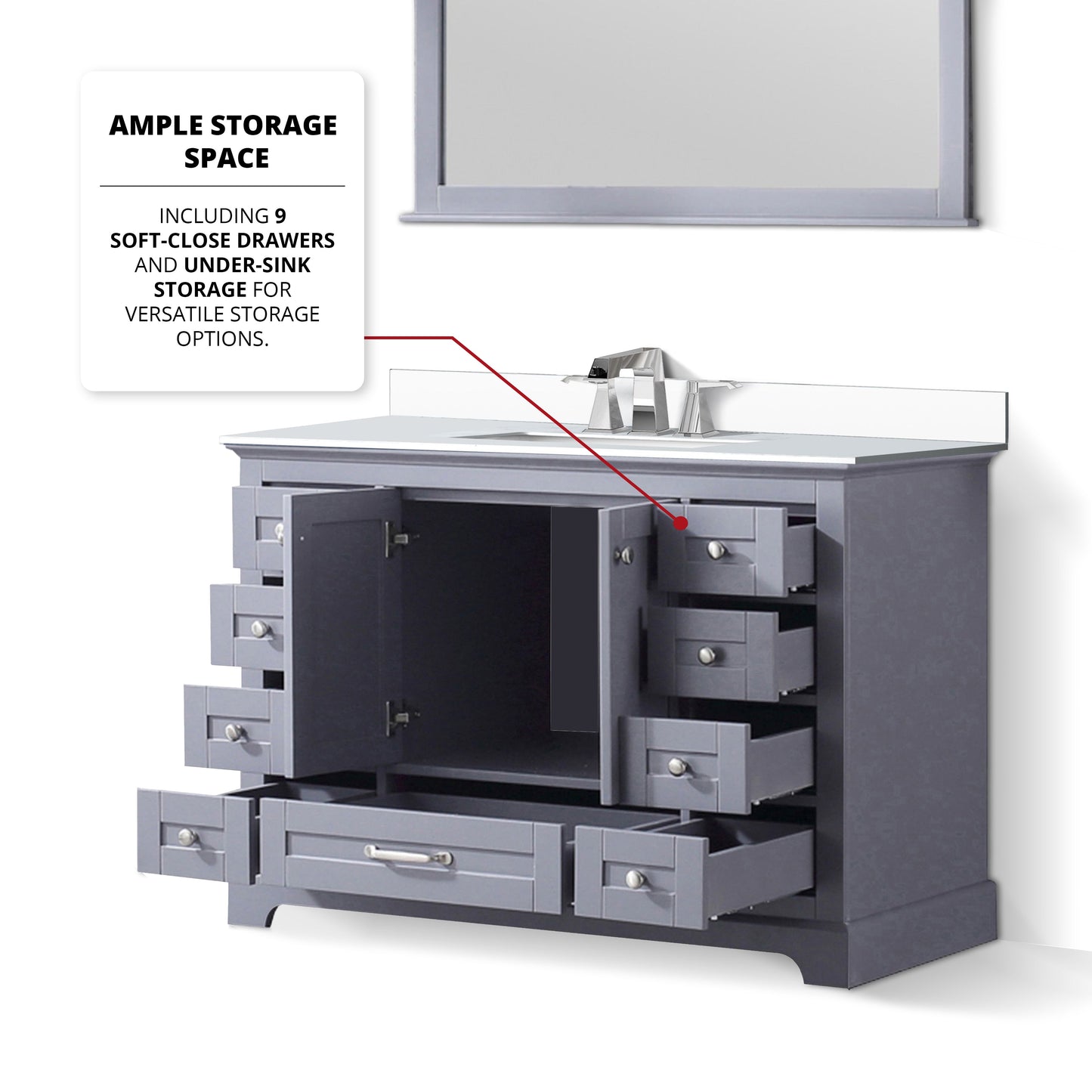 Dukes 48" Dark Grey Single Vanity, White Quartz Top, White Square Sink and 46" Mirror w/ Faucet