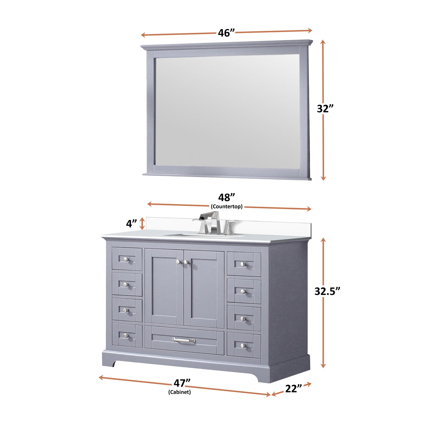 Dukes 48" Dark Grey Single Vanity, White Quartz Top, White Square Sink and 46" Mirror