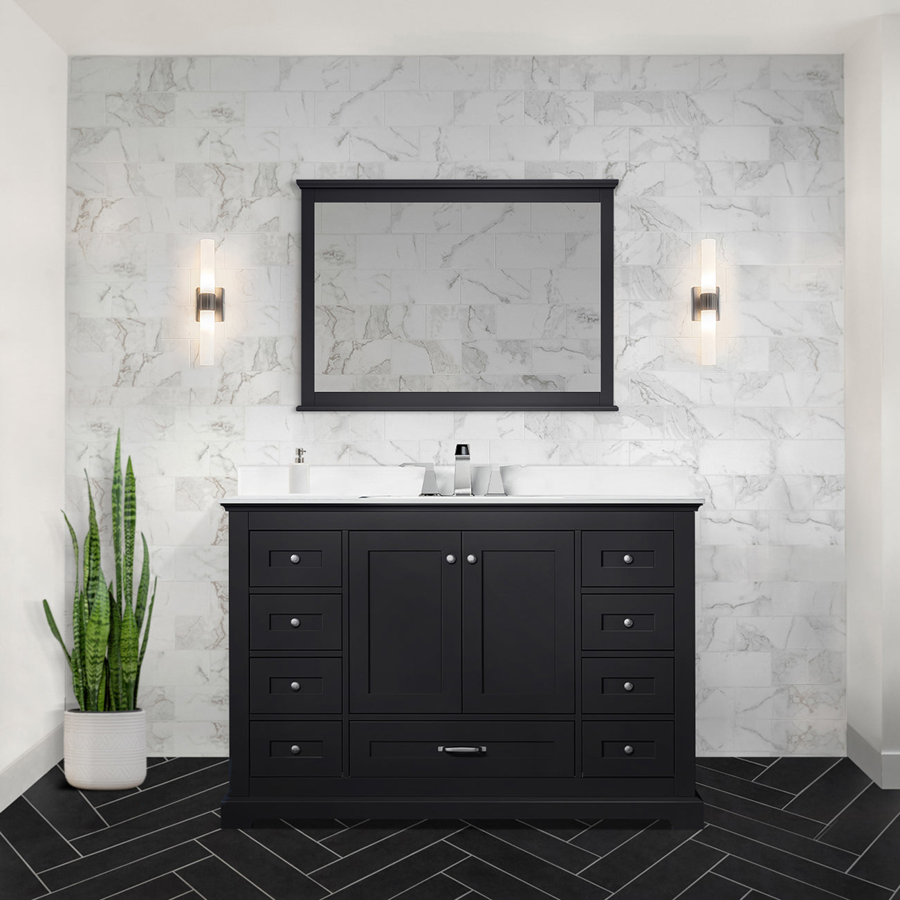Dukes 48" Espresso Single Vanity, White Quartz Top, White Square Sink and 46" Mirror w/ Faucet