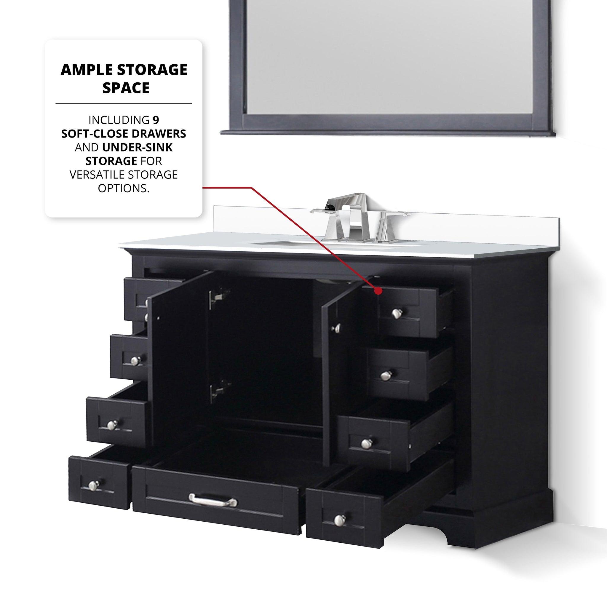 Dukes 48" Espresso Single Vanity, White Quartz Top, White Square Sink and 46" Mirror