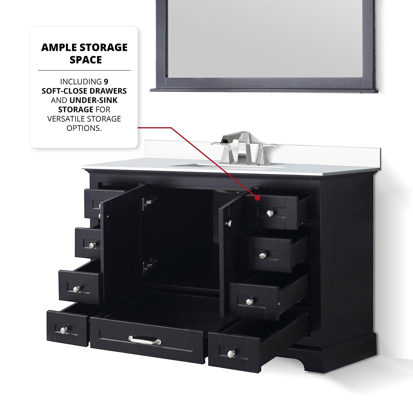 Dukes 48" Espresso Single Vanity, White Quartz Top, White Square Sink and 46" Mirror w/ Faucet