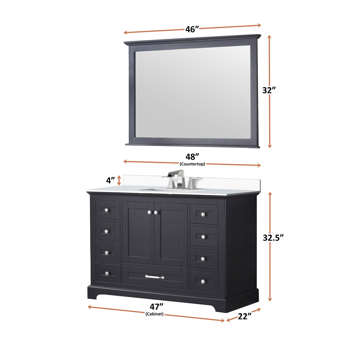 Dukes 48" Espresso Single Vanity, White Quartz Top, White Square Sink and 46" Mirror