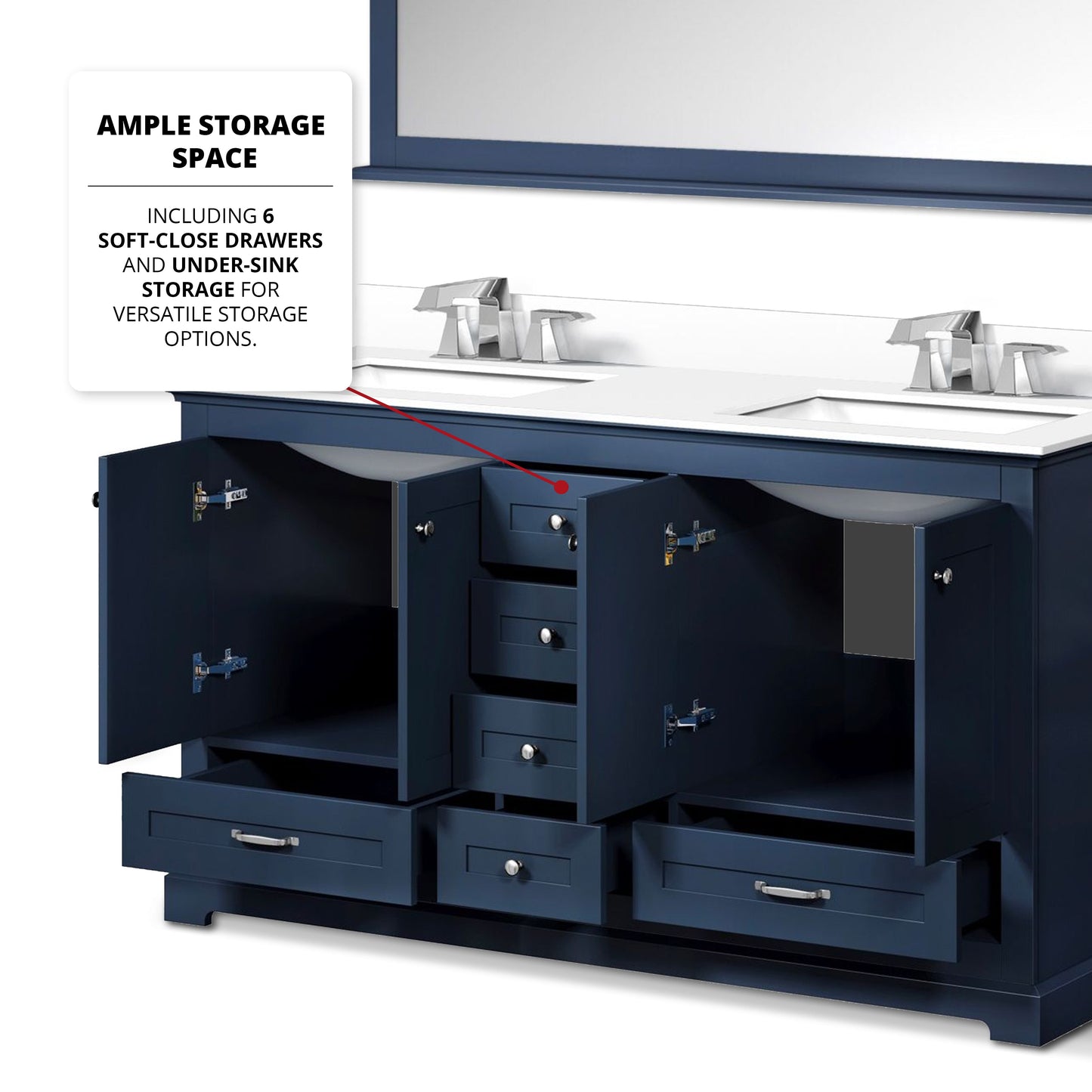 Dukes 60" Navy Blue Double Vanity, White Quartz Top, White Square Sinks and 58" Mirror w/ Faucets