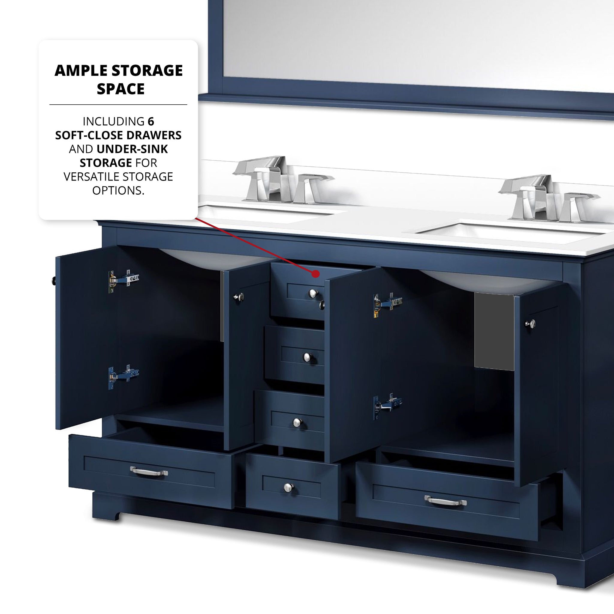 Dukes 60" Navy Blue Double Vanity, White Quartz Top, White Square Sinks and 58" Mirror w/ Faucets
