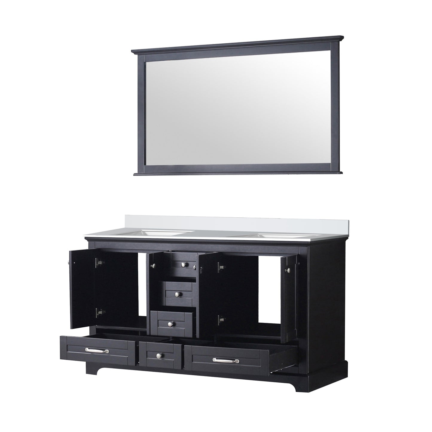 Dukes 60" Espresso Double Vanity, White Quartz Top, White Square Sinks and 58" Mirror