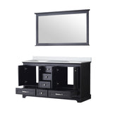 Dukes 60" Espresso Double Vanity, White Quartz Top, White Square Sinks and 58" Mirror