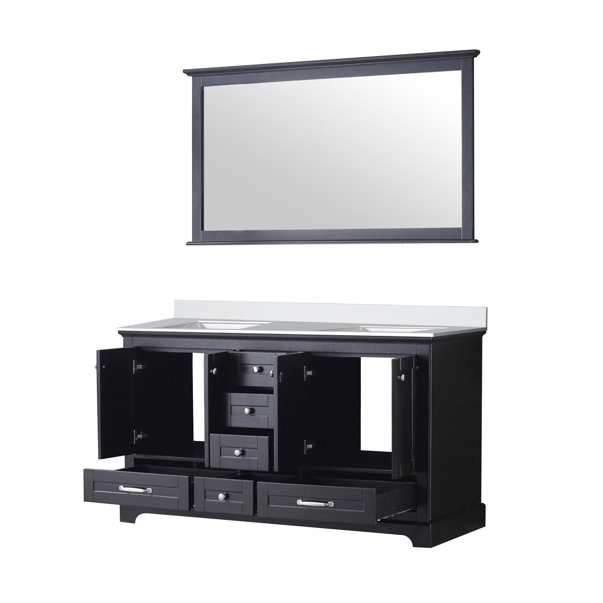 Dukes 60" Espresso Double Vanity, White Quartz Top, White Square Sinks and 58" Mirror