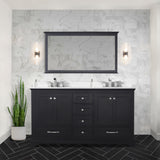 Dukes 60" Espresso Double Vanity, White Quartz Top, White Square Sinks and 58" Mirror w/ Faucets