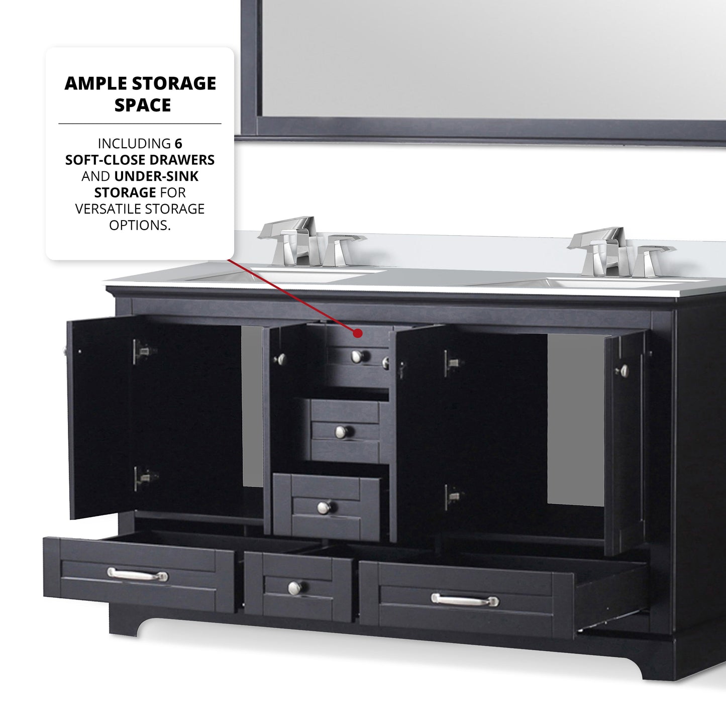 Dukes 60" Espresso Double Vanity, White Quartz Top, White Square Sinks and 58" Mirror w/ Faucets
