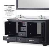 Dukes 60" Espresso Double Vanity, White Quartz Top, White Square Sinks and 58" Mirror w/ Faucets