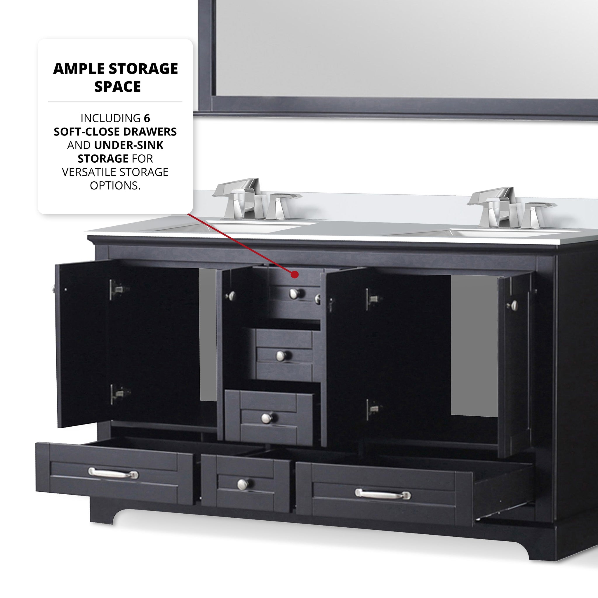 Dukes 60" Espresso Double Vanity, White Quartz Top, White Square Sinks and 58" Mirror w/ Faucets