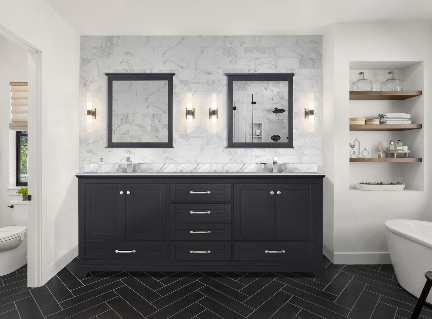 Dukes 80 in. Bathroom Freestanding Bathroom Vanity With Undermount Ceramic Sink with White Carrara Marble Top