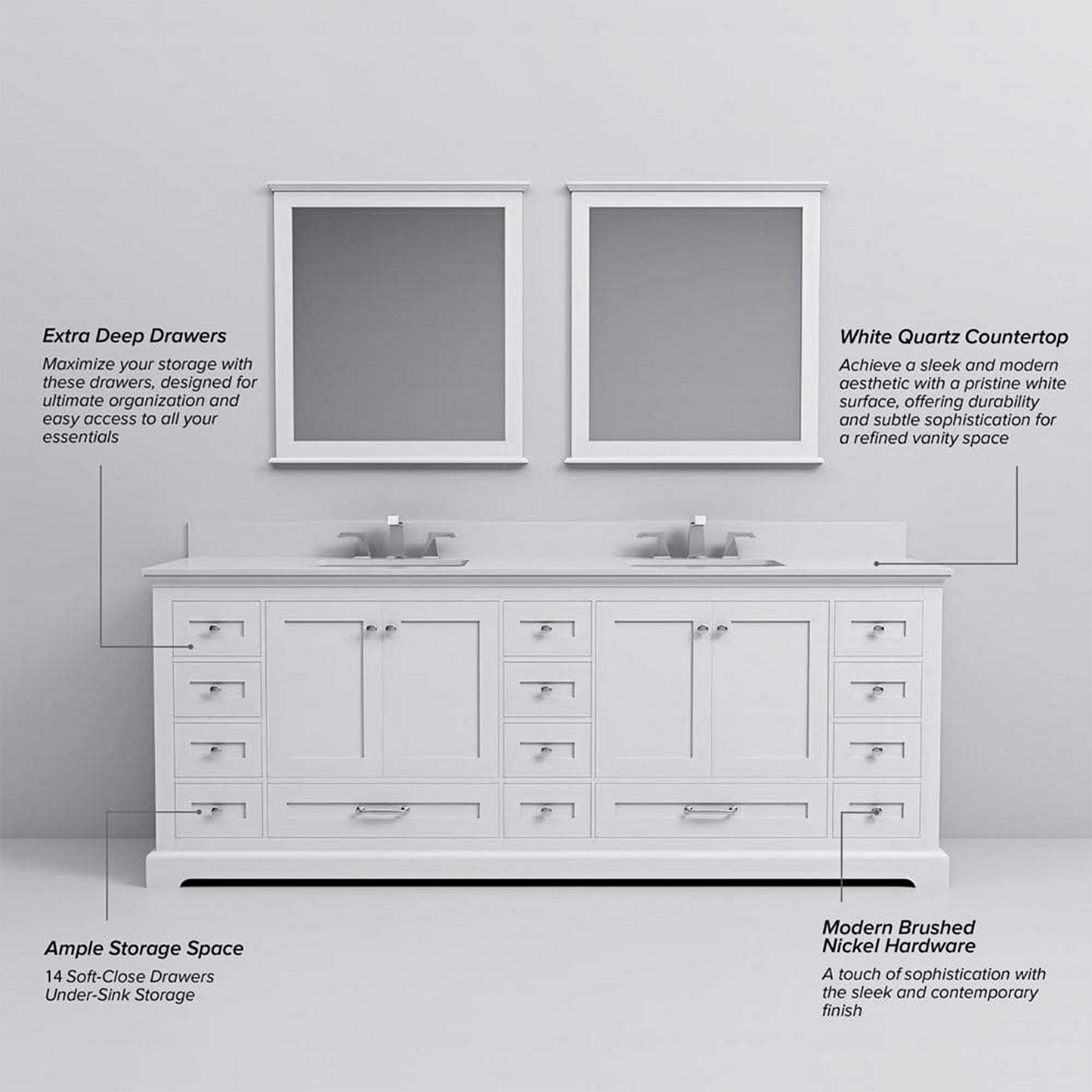 Dukes 84 in. Freestanding Bathroom Vanity with White Quartz Top, White Square Sink