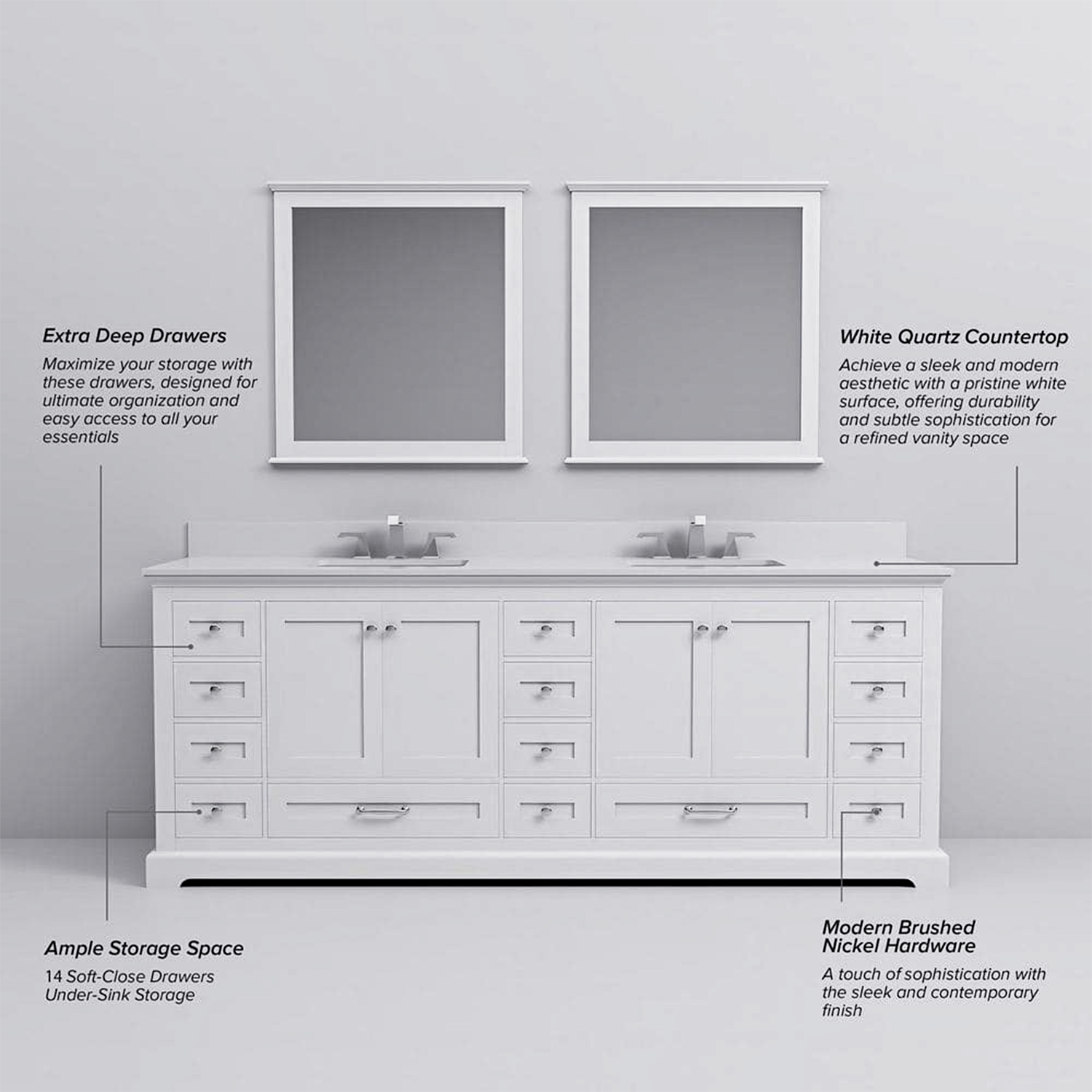 Dukes 84 in. Freestanding Bathroom Vanity with White Quartz Top, White Square Sink