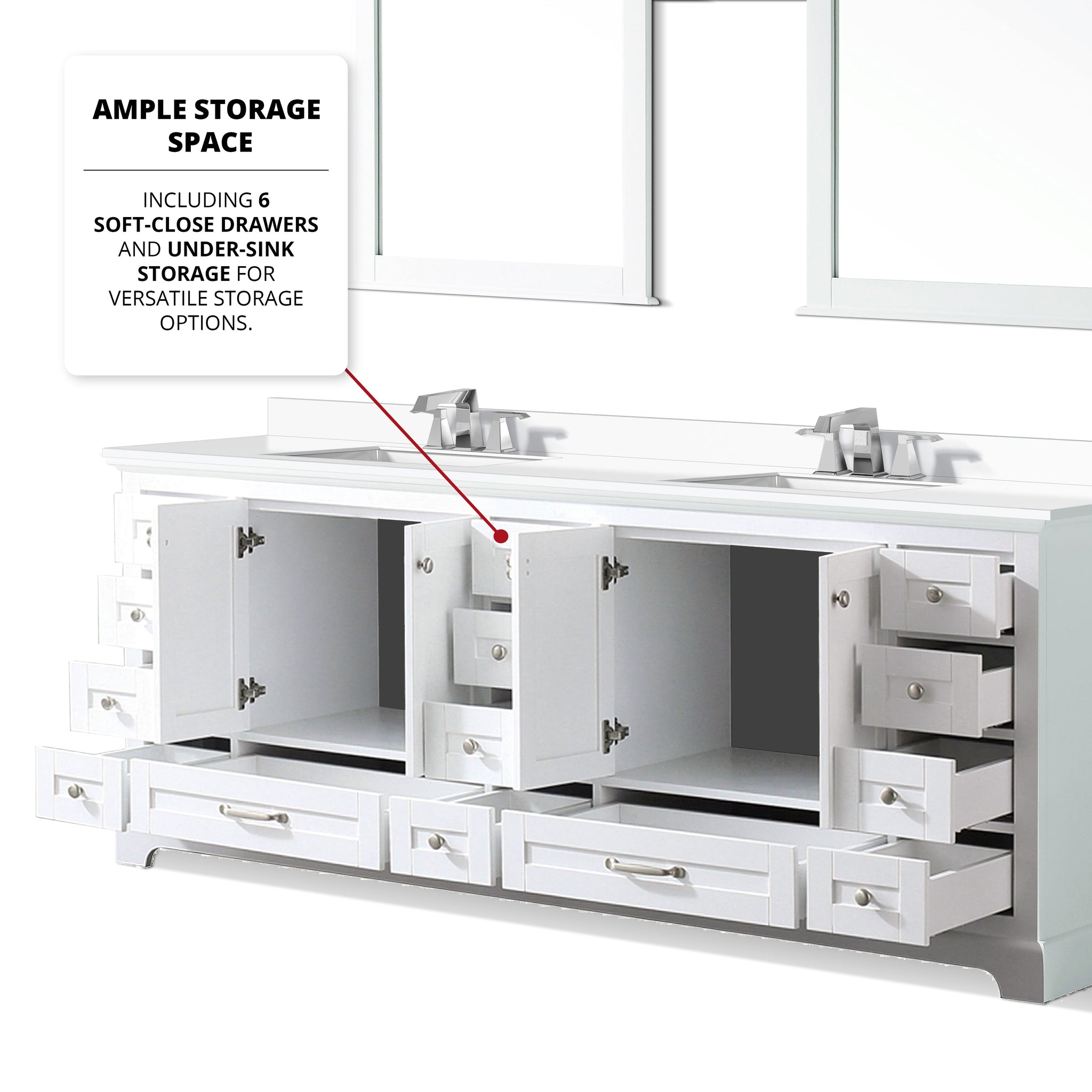 Dukes 84" White Double Vanity, White Quartz Top, White Square Sinks and 34" Mirrors w/ Faucets