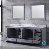 Dukes 84" Dark Grey Double Vanity, White Carrara Marble Top, White Square Sinks and 34" Mirrors w/ Faucets