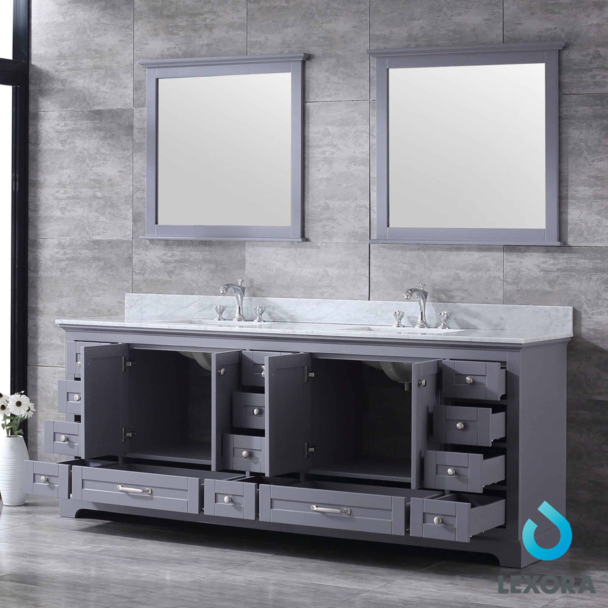 Dukes 84" Dark Grey Double Vanity, White Carrara Marble Top, White Square Sinks and 34" Mirrors w/ Faucets