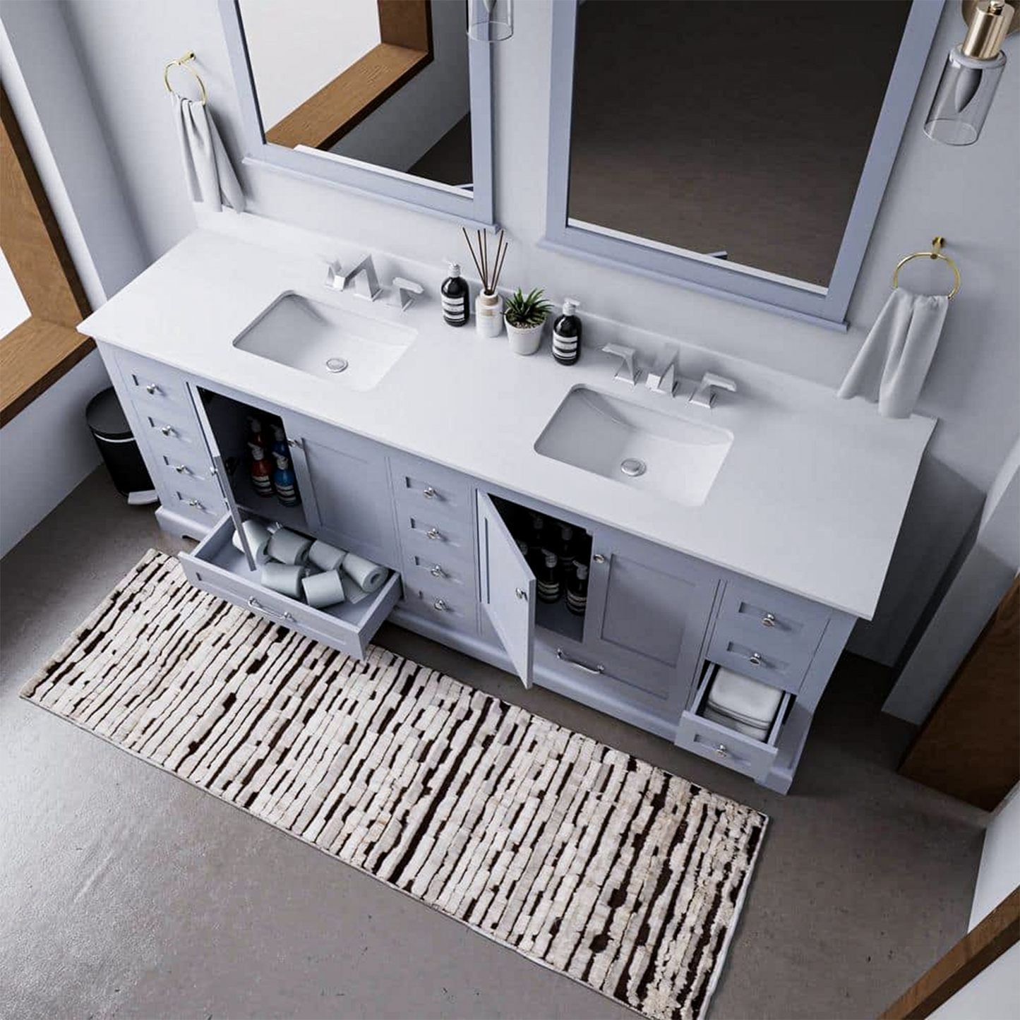 Dukes 84 in. Freestanding Bathroom Vanity with White Quartz Top, White Square Sink