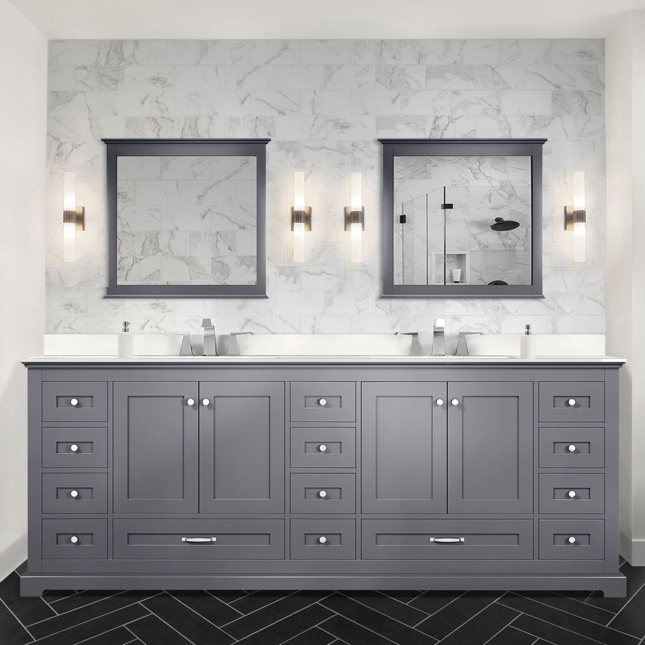 Dukes 84" Dark Grey Double Vanity, White Quartz Top, White Square Sinks and 34" Mirrors w/ Faucets