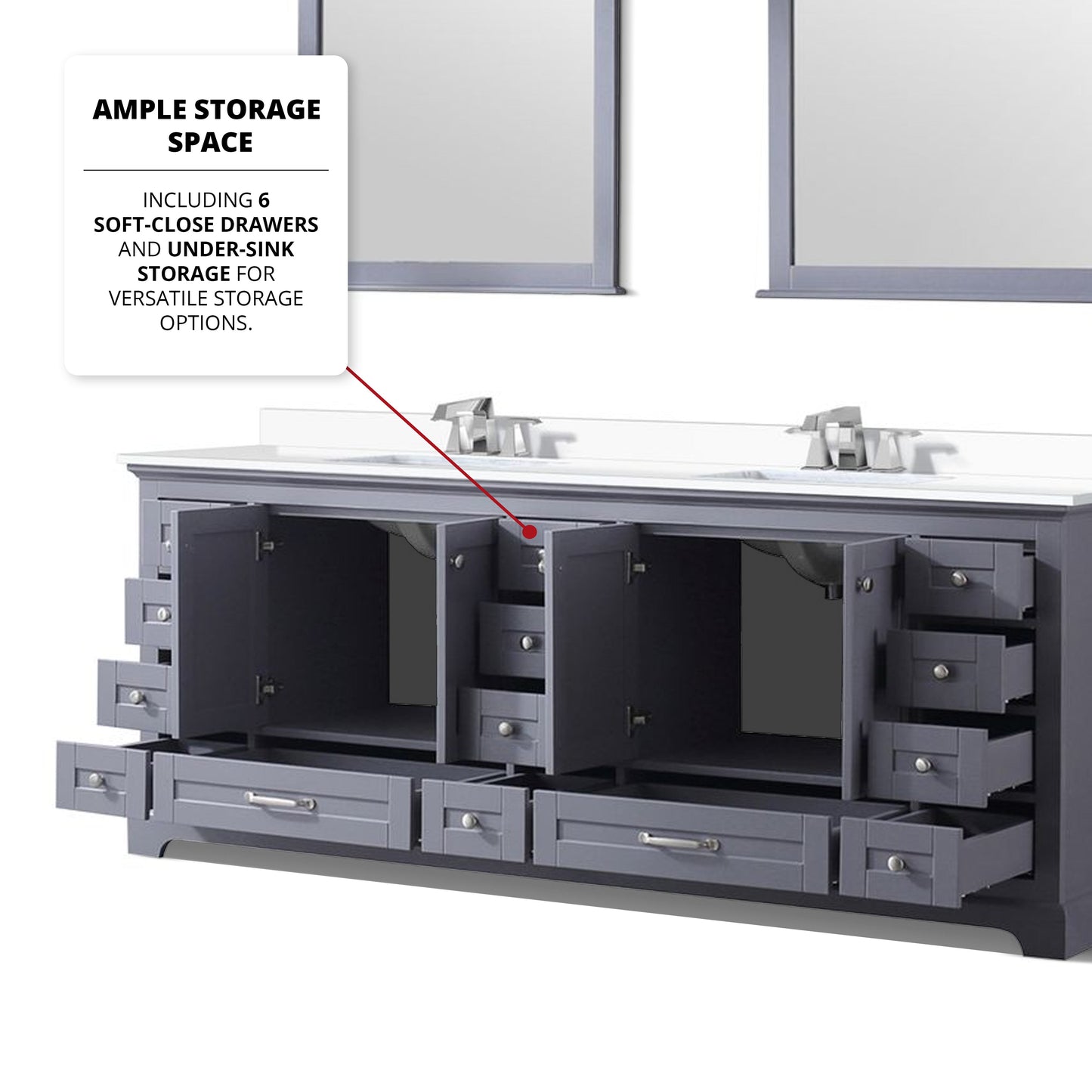 Dukes 84" Dark Grey Double Vanity, White Quartz Top, White Square Sinks and 34" Mirrors