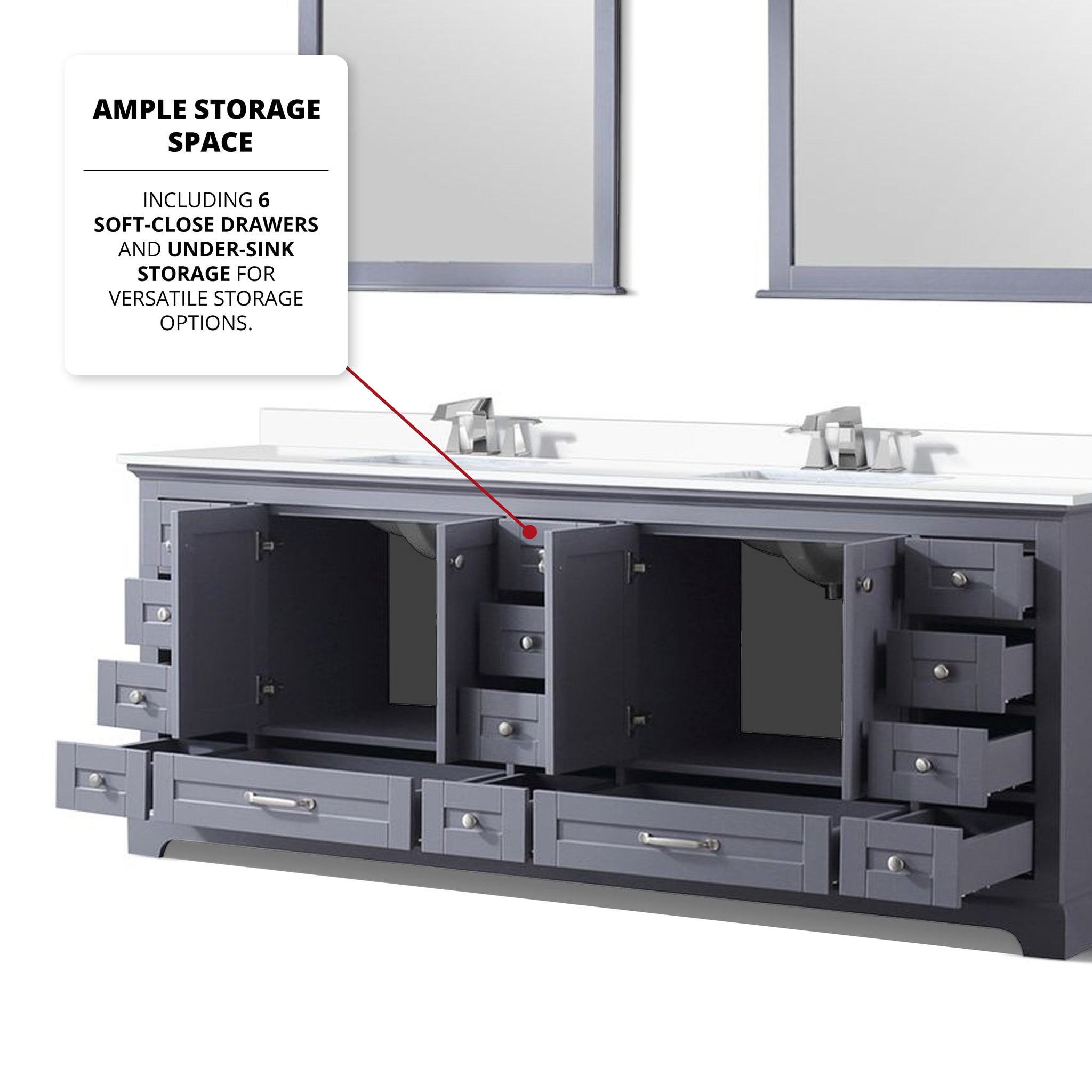 Dukes 84" Dark Grey Double Vanity, White Quartz Top, White Square Sinks and 34" Mirrors