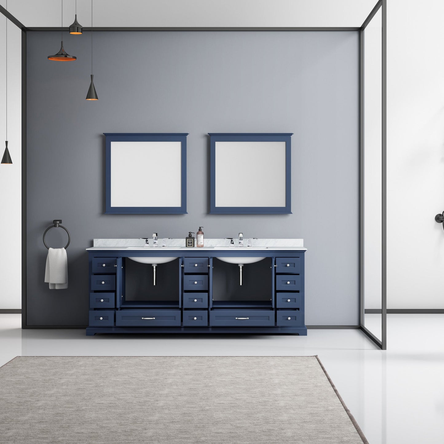 Dukes 84" Navy Blue Double Vanity, White Carrara Marble Top, White Square Sinks and 34" Mirrors