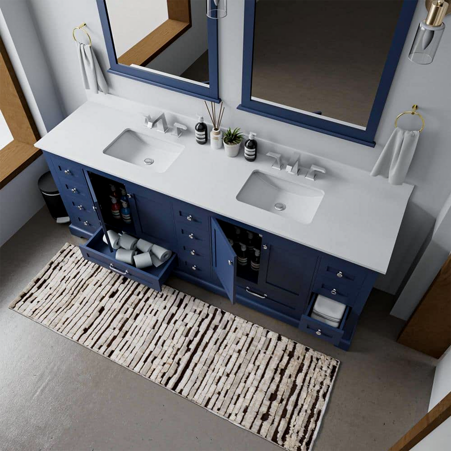 Dukes 84 in. Freestanding Bathroom Vanity with White Quartz Top, White Square Sink