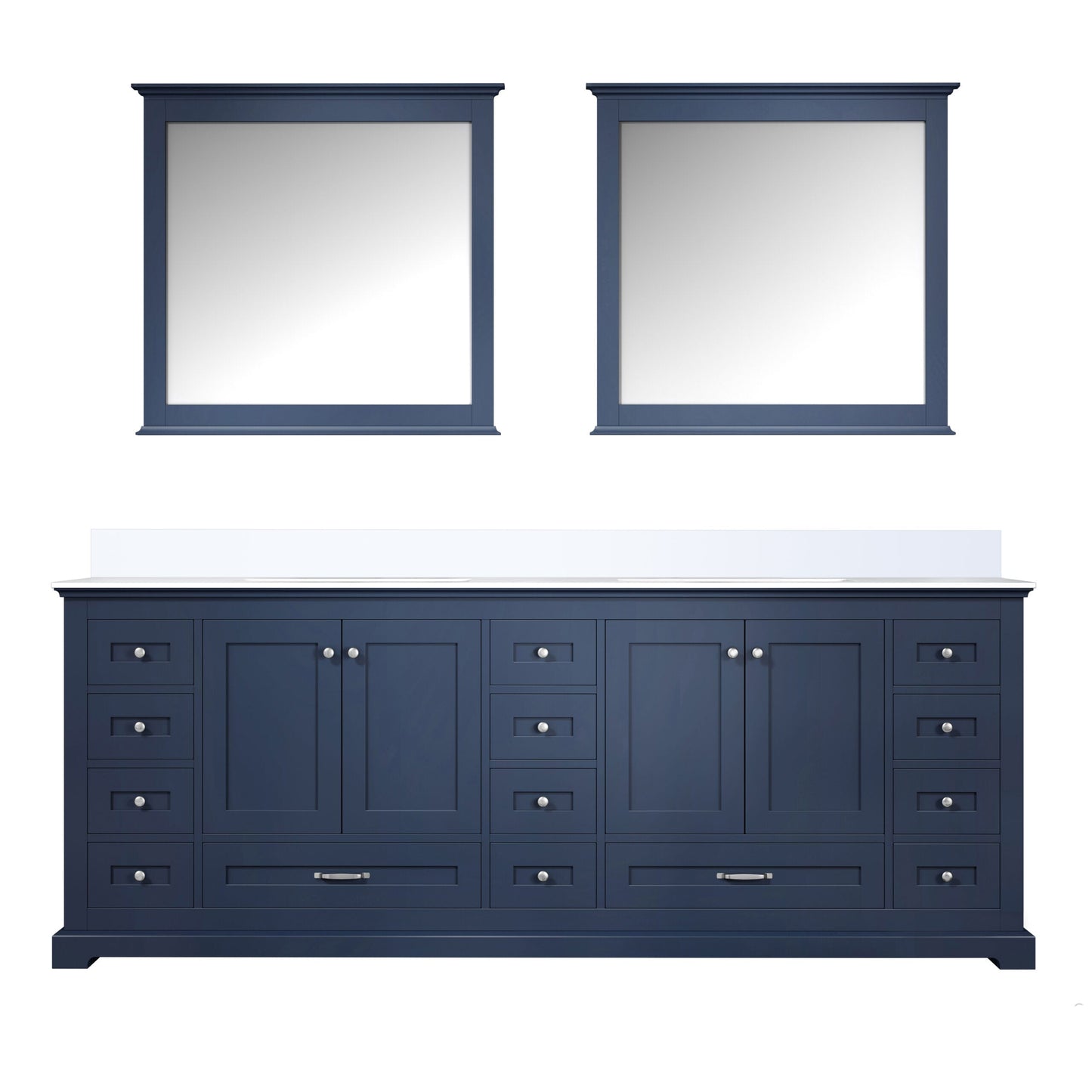 Dukes 84" Navy Blue Double Vanity, White Quartz Top, White Square Sinks and 34" Mirrors