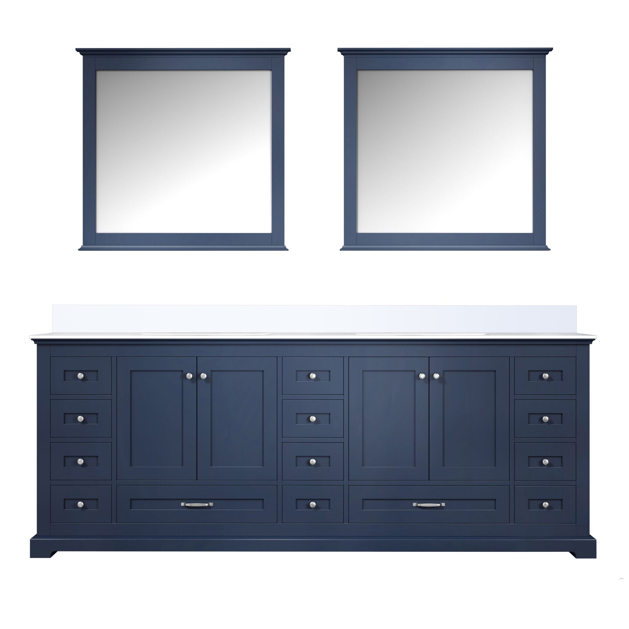 Dukes 84" Navy Blue Double Vanity, White Quartz Top, White Square Sinks and 34" Mirrors