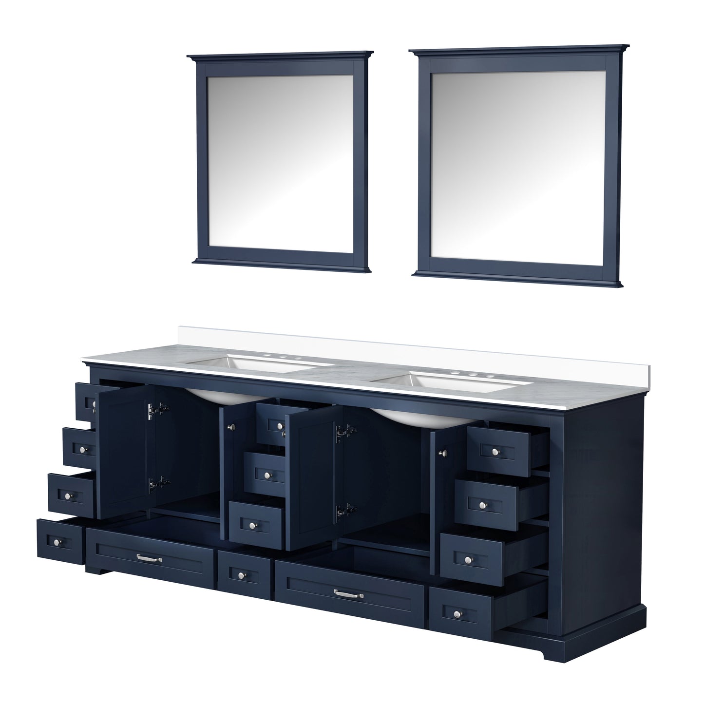 Dukes 84" Navy Blue Double Vanity, White Quartz Top, White Square Sinks and 34" Mirrors