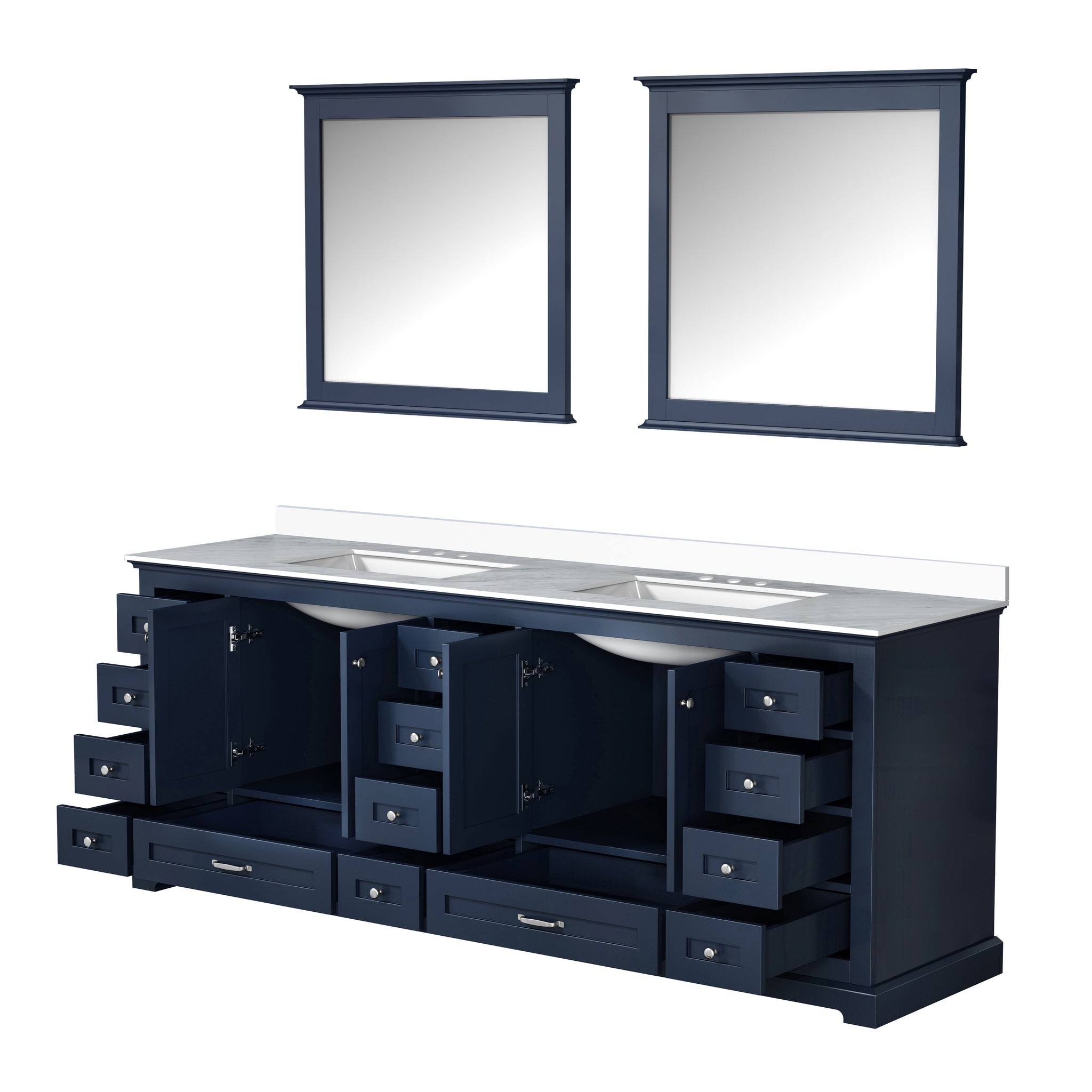 Dukes 84" Navy Blue Double Vanity, White Quartz Top, White Square Sinks and 34" Mirrors