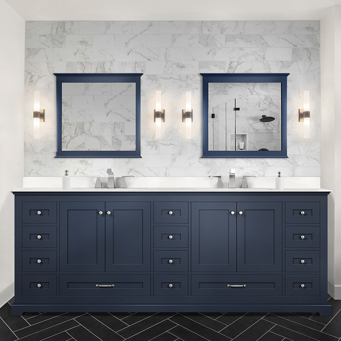 Dukes 84" Navy Blue Double Vanity, White Quartz Top, White Square Sinks and 34" Mirrors w/ Faucets