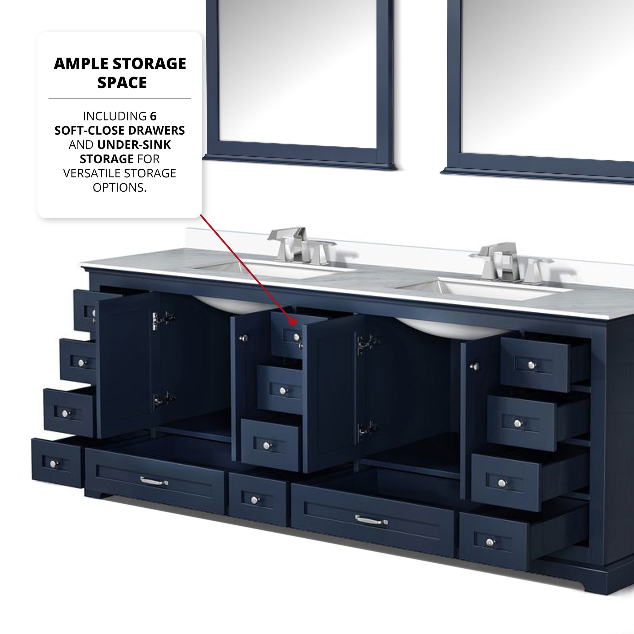 Dukes 84" Navy Blue Double Vanity, White Quartz Top, White Square Sinks and 34" Mirrors