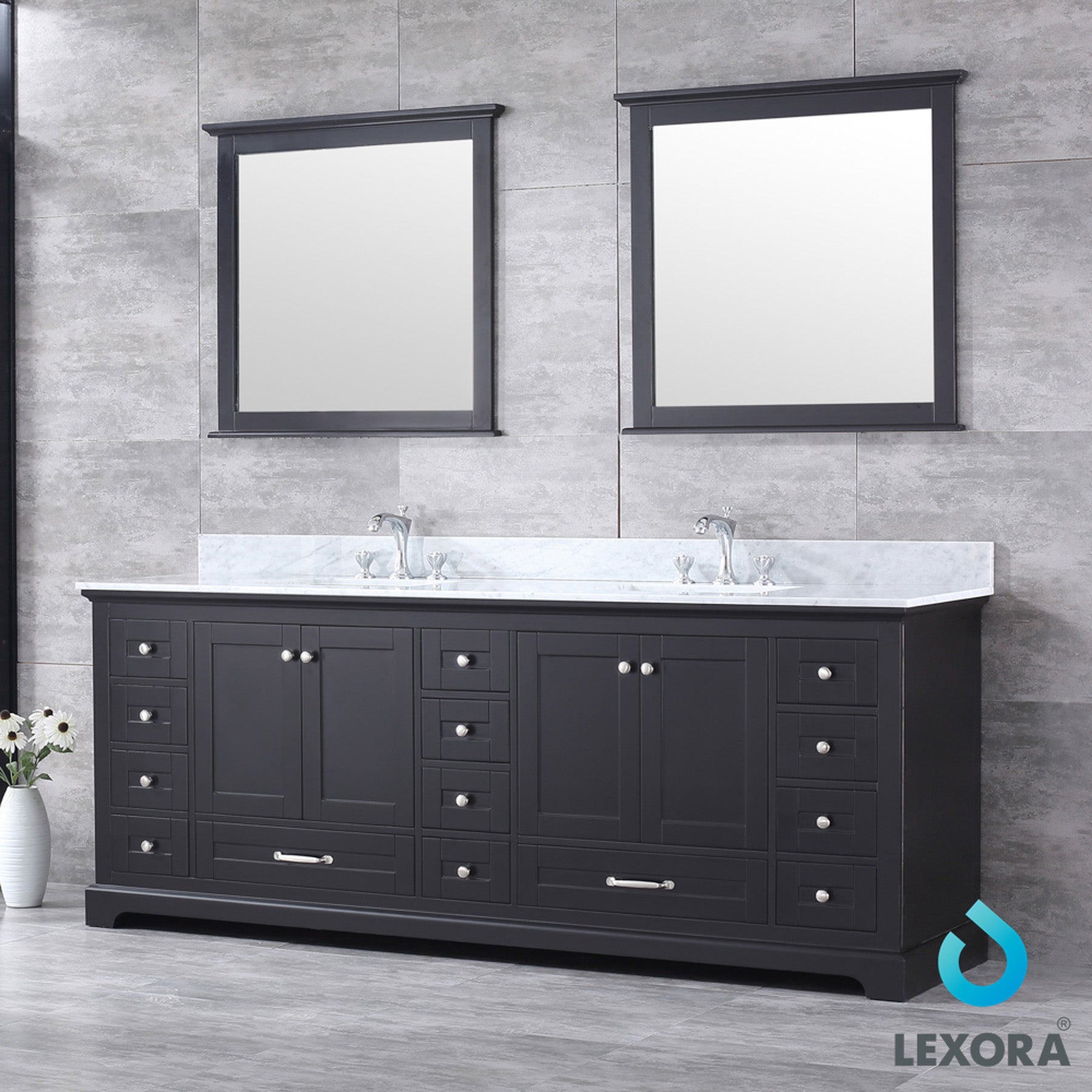 Dukes 84" Espresso Double Vanity, White Carrara Marble Top, White Square Sinks and 34" Mirrors w/ Faucets