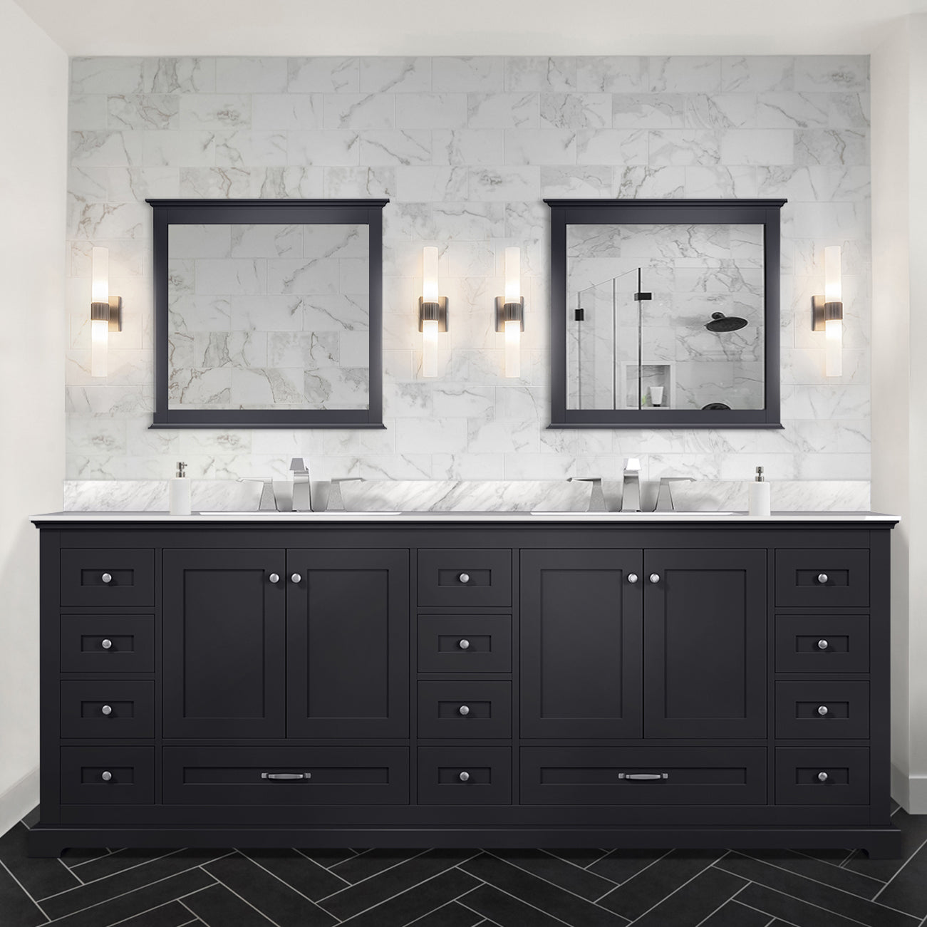 Dukes 84 in. Bathroom Freestanding Bathroom Vanity With Undermount Ceramic Sink with White Carrara Marble Top