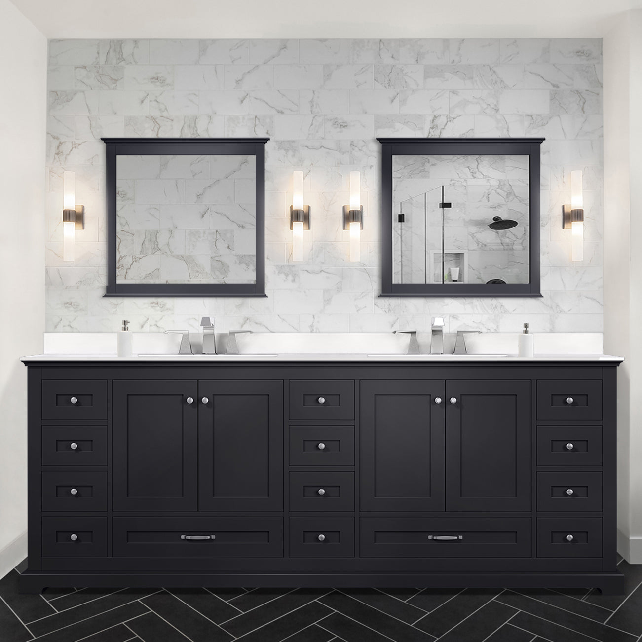 Dukes 84" Espresso Double Vanity, White Quartz Top, White Square Sinks and 34" Mirrors w/ Faucets
