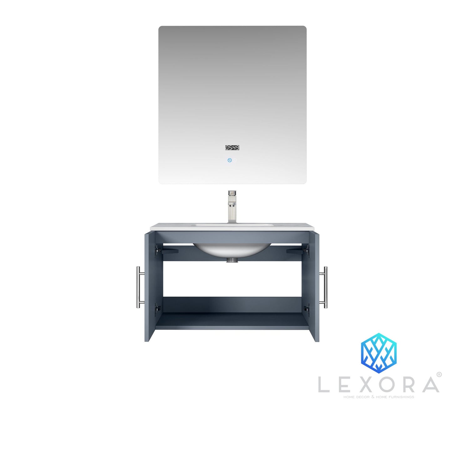 Geneva 30" Dark Grey Single Vanity, White Carrara Marble Top, White Square Sink and 30" LED Mirror w/ Faucet