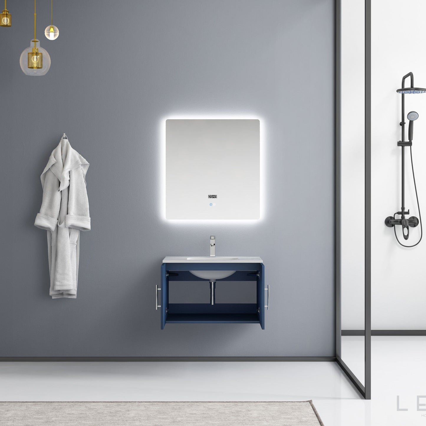 Geneva 30" Navy Blue Single Vanity, White Carrara Marble Top, White Square Sink and 30" LED Mirror w/ Faucet