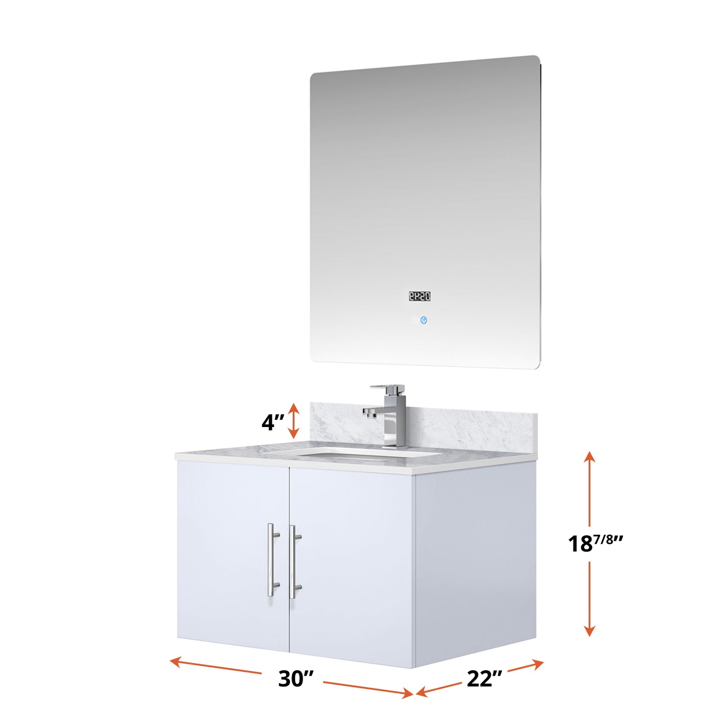 Geneva 30 in. Bathroom Floating Bathroom Vanity With Undermount Ceramic Sink With White Carrara Marble Top