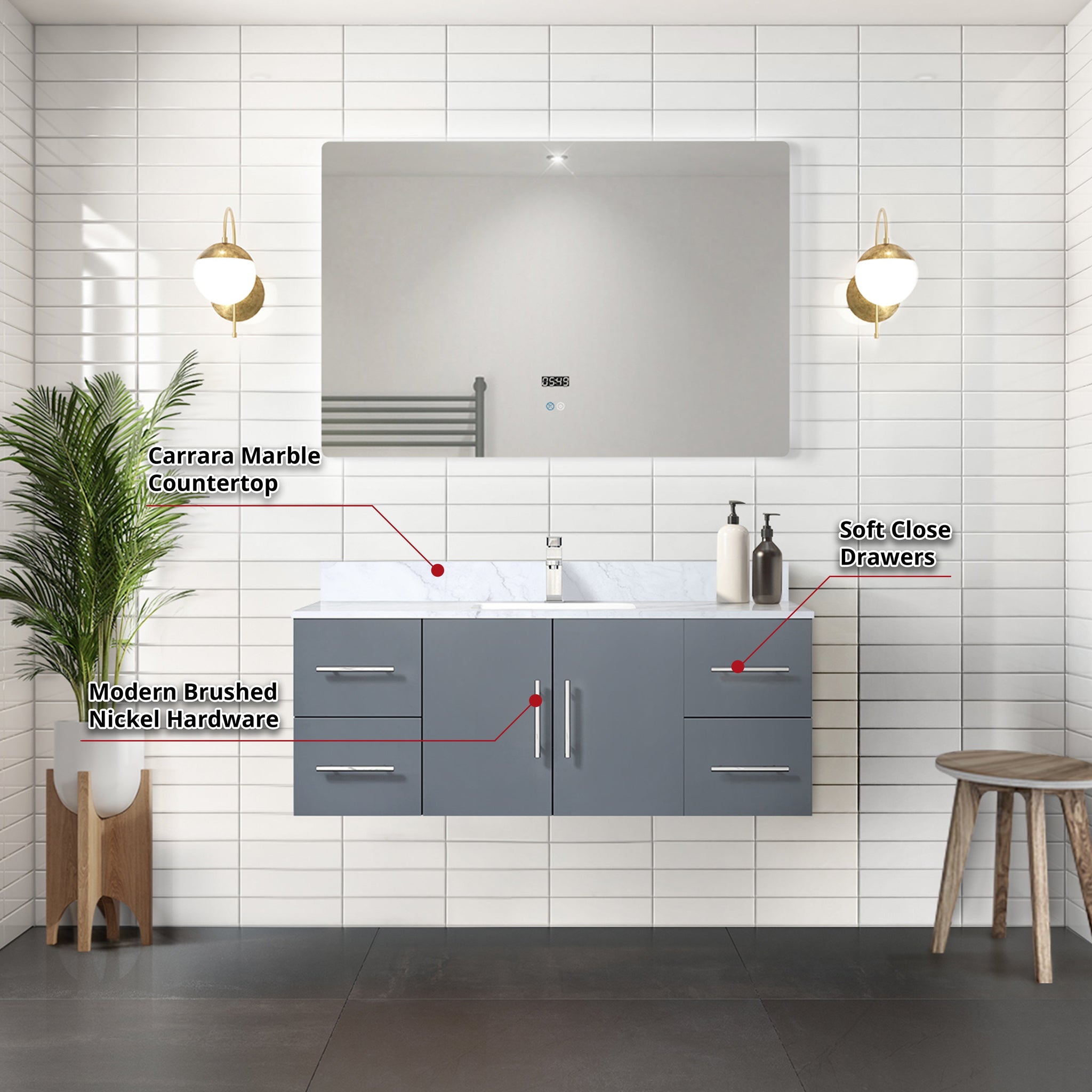 Geneva 48 in. Bathroom Floating Bathroom Vanity With Undermount Ceramic Sink With White Carrara Marble Top