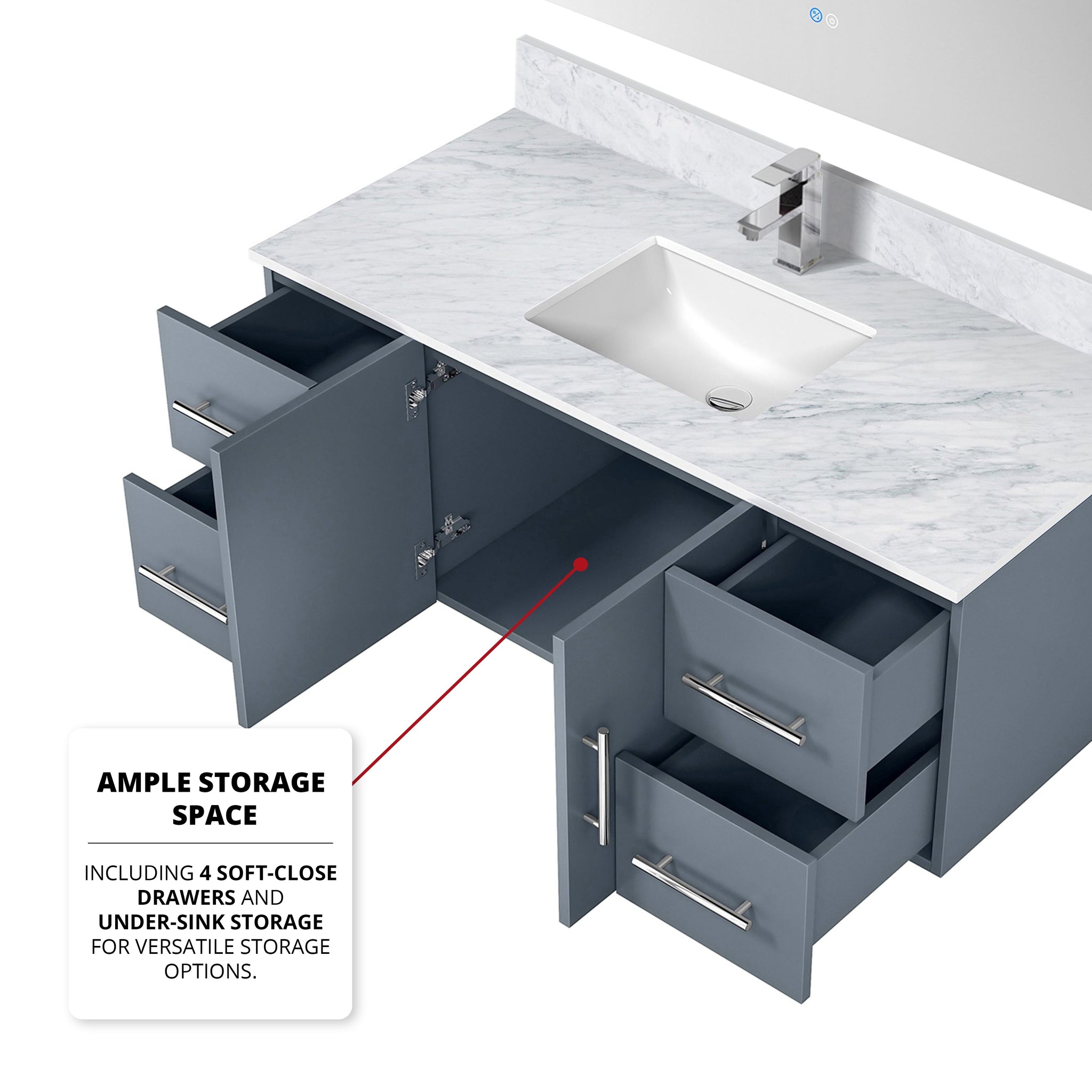 Geneva 48 in. Bathroom Floating Bathroom Vanity With Undermount Ceramic Sink With White Carrara Marble Top