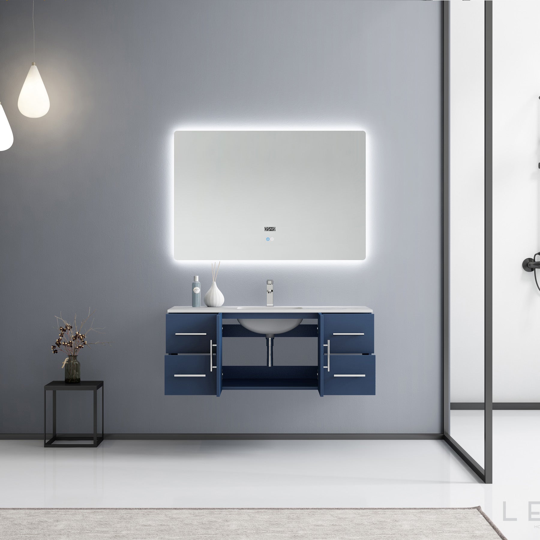 Geneva 48" Navy Blue Single Vanity, White Carrara Marble Top, White Square Sink and 48" LED Mirror